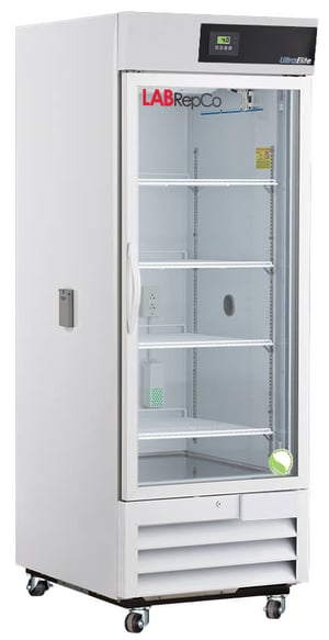 A labrepco ultra elite series 26 cu. ft. chromatography refrigerator with a closed glass door, pull handle, casters and temperature display screen at the top
