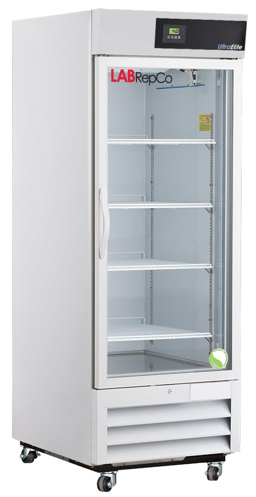 A labrepco ultra elite series 26 cu. ft. laboratory refrigerator with a closed glass door, pull handle, casters and temperature display at the top