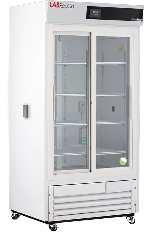 LabRepCo Ultra Elite Series 33 Cu. Ft. chromatography Refrigerator with Sliding Glass Door and temperature display at the top of the unit