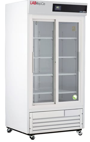 LabRepCo Ultra Elite Series 33 Cu. Ft. Laboratory Refrigerator with Sliding Glass Door and temperature display at the top of the unit