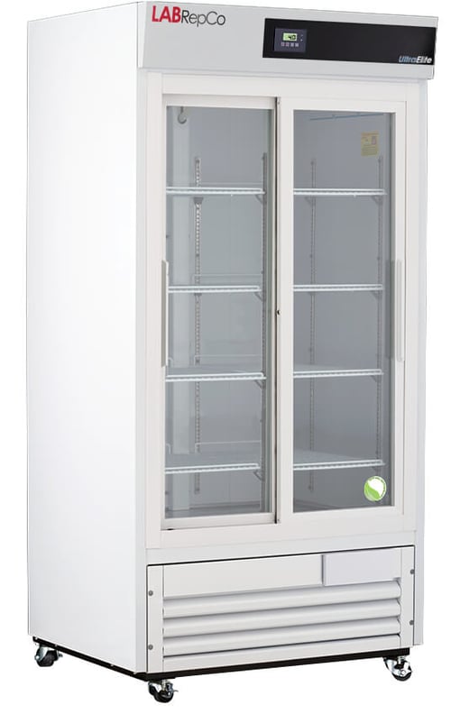 LabRepCo Ultra Elite Series 33 Cu. Ft. Laboratory Refrigerator with Sliding Glass Door and temperature display at the top of the unit