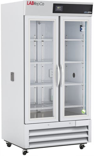 LabRepCo Ultra Elite Series 36 Cu. Ft. Chromatography Refrigerator with 2 hinged glass doors, pull handles and a temperature display at the top of the unit