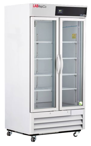 LabRepCo Ultra Elite Series 36 Cu. Ft. Laboratory Refrigerator with 2 hinged glass doors, pull handles and a temperature display at the top of the unit
