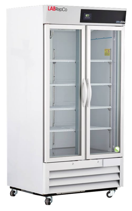 LabRepCo Ultra Elite Series 36 Cu. Ft. Laboratory Refrigerator with 2 hinged glass doors, pull handles and a temperature display at the top of the unit