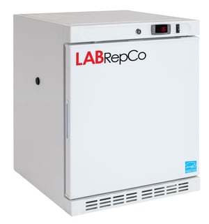LabRepCo labeled Series freezer with 2.5 Cu. Ft. interior capacity with solid white door that is closed with a recessed handle