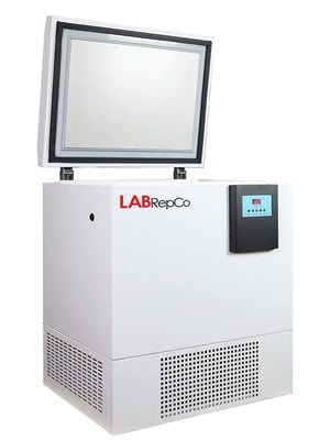 a labrepco brand chest style ultra-low temp freezer with a 5 cubic foot capacity and open lid