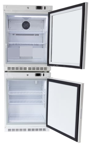 labrepco 8 cu.ft. laboratory Refrigerator & Freezer Stacked Combo unit with both solid doors open showing racks and fan inside