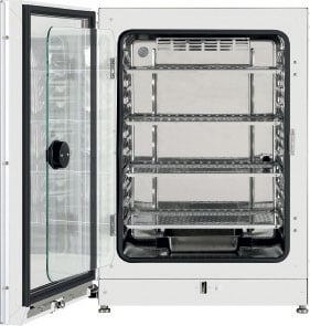 An incubator with its door open allowing it to Air Dry Once the Cleaning process is Finished