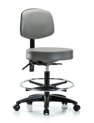 Vinyl Stool with Back | Medium Bench Height with Seat Tilt, Chrome Foot Ring, & Casters in Sterling Supernova™ Vinyl