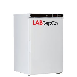 A Labrepco branded benchtop lab refrigerator with a 2.5 cubic foot internal capacity and solid white door that is closed