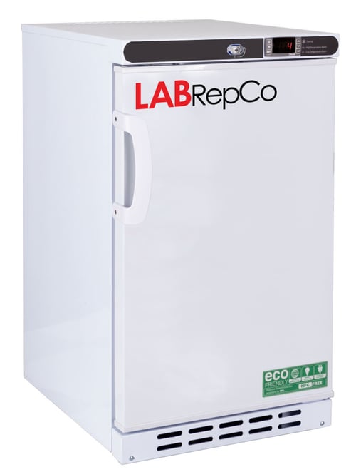 A Labrepco branded undercouter lab refrigerator with a 2.5 cubic foot internal capacity with solid door and white pull handle