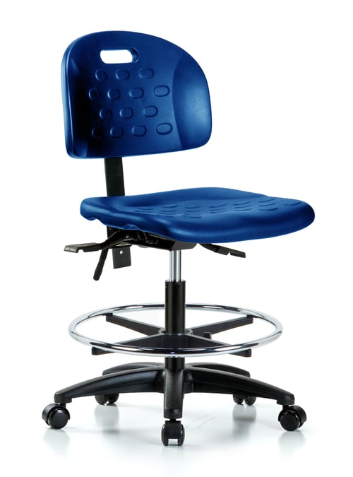 Polyurethane Laboratory Chair | Medium Bench Height with Seat Tilt, Chrome Foot Ring, & Casters | Blue Polyurethane