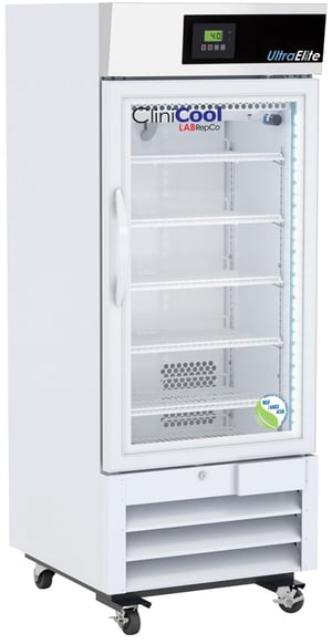 a labrepco clinicool series Ultra touch 12 cu. ft. medical-grade refrigerator with glass door closed showing casters and a labrepco label with touch screen controller