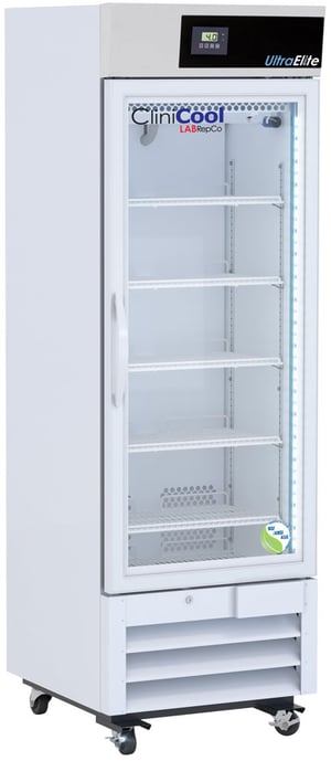 A Clinicool pharmacy refrigerator with a 16 cubic foot internal capacity and a glass door that is closed