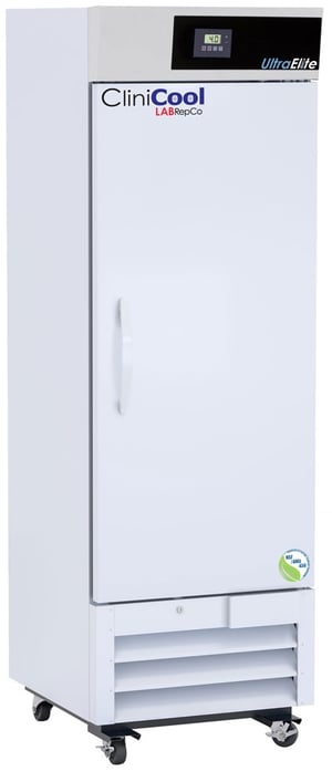 A Clinicool pharmacy refrigerator with a 16 cubic foot internal capacity, a solid door that is closed, pull handle and control panel at the top