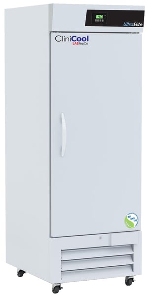 A labrepco ultra elite series 26 cu. ft. pharmacy refrigerator with a closed soild door, pull handle, casters and temperature display screen at the top
