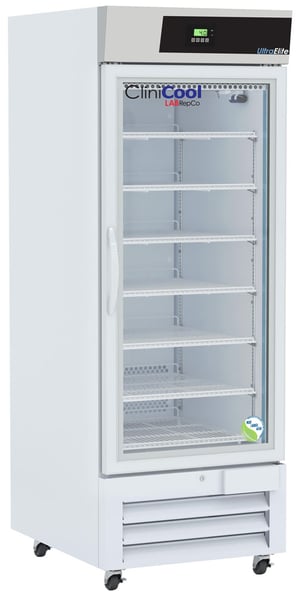 A labrepco ultra elite series 26 cu. ft. pharmacy refrigerator with a closed glass door, pull handle, casters and temperature display screen at the top