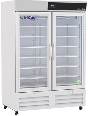 LabRepCo CliniCool Ultra Elite Series 49 Cu. Ft. Medical-Grade Refrigerator for Vaccine Storage with two glass doors that are closed, they have pull handles and the unit has casters