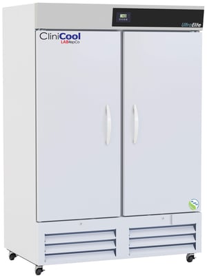 LabRepCo CliniCool Ultra Elite Series 49 Cu. Ft. Medical-Grade Refrigerator for Vaccine Storage with two Solid Doors that are closed, they have pull handles and the unit has casters, there is a temperature display at the top of the unit