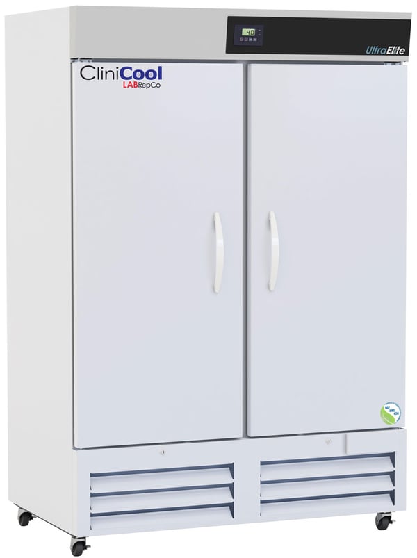 LabRepCo CliniCool Ultra Elite Series 49 Cu. Ft. Medical-Grade Refrigerator for Vaccine Storage with two Solid Doors that are closed, they have pull handles and the unit has casters, there is a temperature display at the top of the unit
