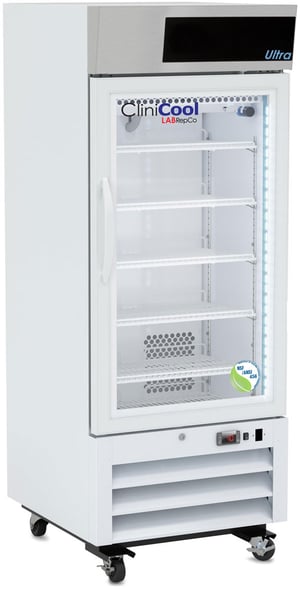 A Clinicool compact pharmacy refrigerator with a 12 cubic foot internal capacity and a glass door that is closed