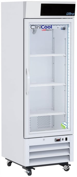 A Labrepco branded vaccine refrigerator with a 16 cubic foot internal capacity, a glass door that is closed and pull handle