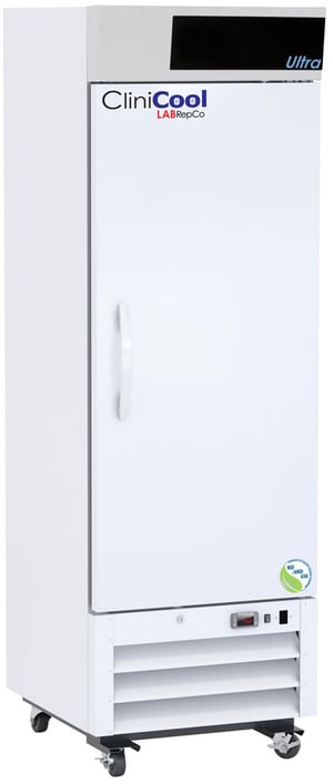 a labrepco clinicool series Ultra 16 cubic foot solid door vaccine refrigerator with door closed, casters and pull handle