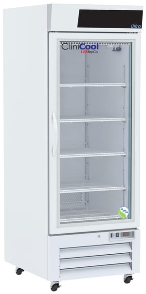 A labrepco clinicool ultra series 26 cu. ft. pharmacy vaccine refrigerator with a closed glass door, pull handle and casters