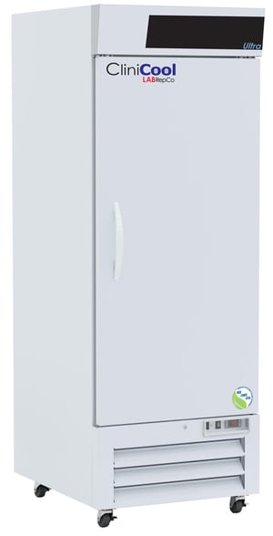 A labrepco clinicool ultra series 26 cu. ft. pharmacy vaccine refrigerator with a closed solid door, pull handle and casters