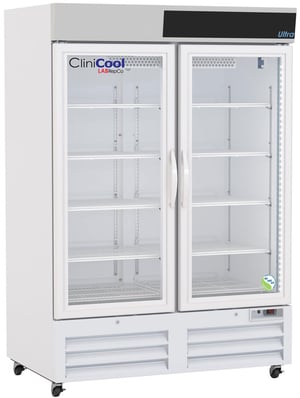 LabRepCo CliniCool labeled Ultra Series 49 Cu. Ft. Vaccine Refrigerator with Hinged Glass Doors, pull handles and casters