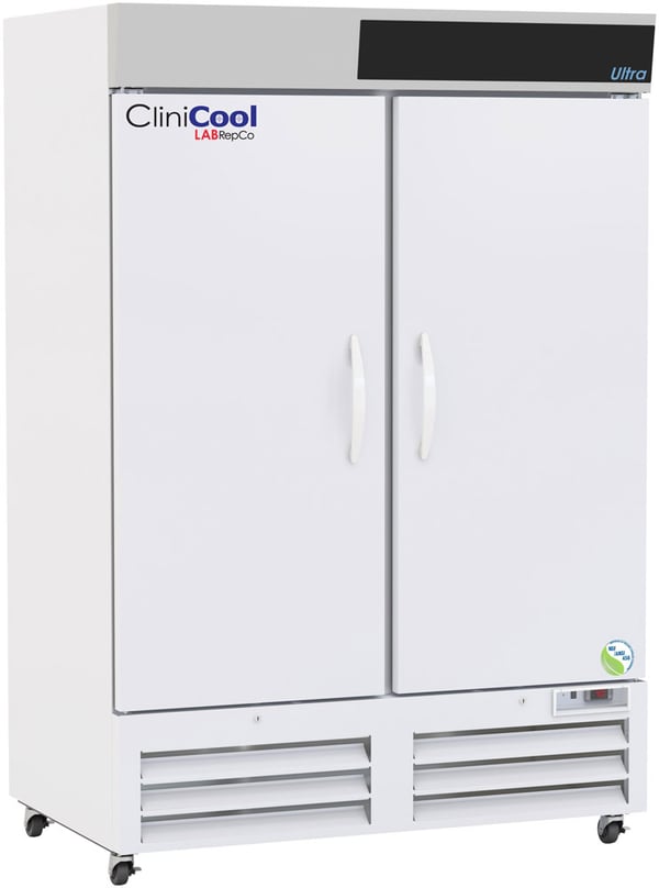 LabRepCo CliniCool labeled Ultra Series 49 Cu. Ft. Vaccine Refrigerator with Hinged solid Doors, pull handles and casters