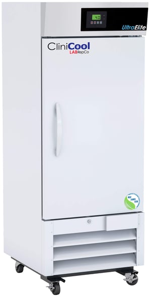 a labrepco clinicool series Ultra touch 12 cu. ft pharmacy refrigerator with solid door closed showing casters and a labrepco label with touch screen controller