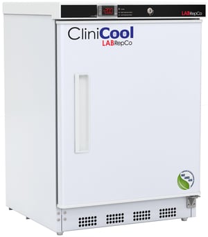 Clinicool labeled Series freezer with 4.2 Cu. Ft. interior capacity with solid white door that is closed with a recessed handle