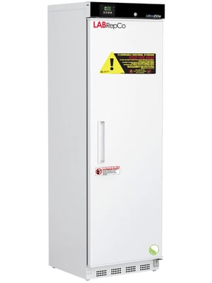 LabRepCo labeled Series freezer with 14 Cu. Ft. interior capacity with solid white door that is closed with a recessed handle. Also has a temperature display and key lock at the top of the unit and warning sticker on the front of the unit