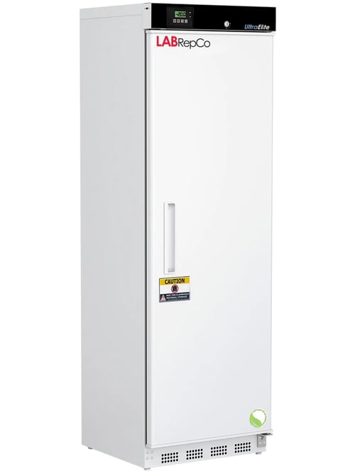 LabRepCo labeled Series freezer with 14 Cu. Ft. interior capacity with solid white door that is closed with a recessed handle. Also has a temperature display and key lock at the top of the unit and caution sticker on the front of the unit
