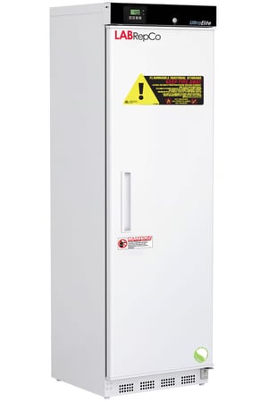 An upright Labrepco labeled 14 cu. ft. laboratory refrigerator with a closed solid door, recessed door handle and caution sticker
