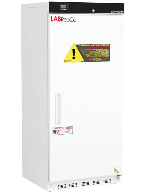 LabRepCo labeled Series freezer with 17 Cu. Ft. interior capacity with solid white door that is closed with a recessed handle. Also has a temperature display and key lock at the top of the unit and large warning sticker on the front of the unit