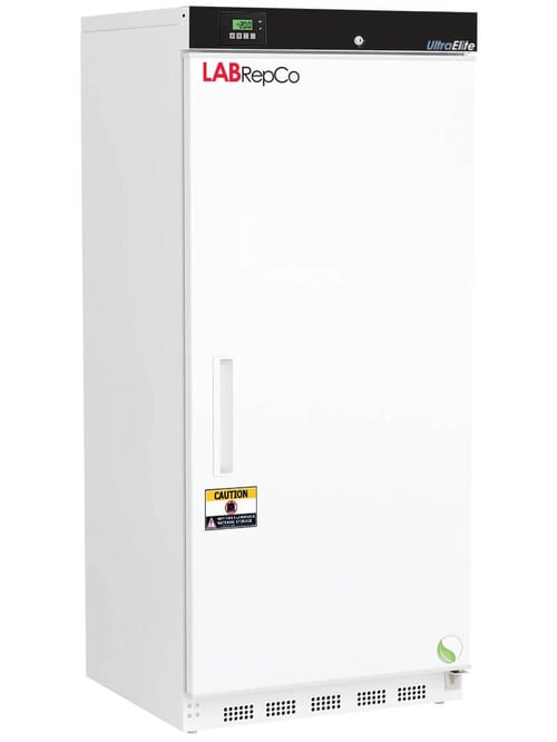 LabRepCo labeled Series freezer with 17 Cu. Ft. interior capacity with solid white door that is closed with a recessed handle. Also has a temperature display and key lock at the top of the unit and caution sticker on the front of the unit