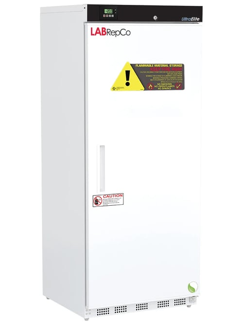 LabRepCo labeled Series freezer with 20 Cu. Ft. interior capacity with solid white door that is closed with a recessed handle. Also has a touchscreen temperature display and key lock at the top of the unit and large warning sticker on the front of the unit