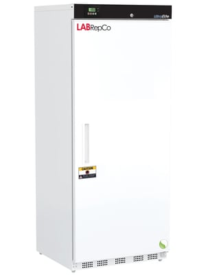 Labrepco labeled freezer with 20 Cu. Ft. interior capacity with solid white door that is closed with a recessed handle. Also has a touchscreen temperature display and caution sticker on the front of the unit