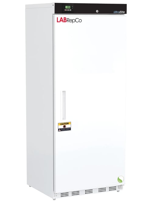 Labrepco labeled freezer with 20 Cu. Ft. interior capacity with solid white door that is closed with a recessed handle. Also has a touchscreen temperature display and caution sticker on the front of the unit