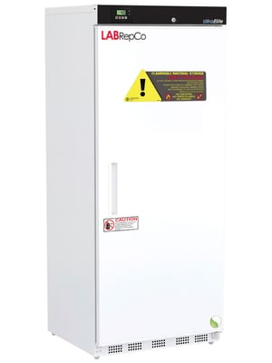 Labrepco labeled Hazardous Location (Explosion Proof) 20 Cu. Ft. Refrigerator with Solid Door and recessed handle and control panel at the top