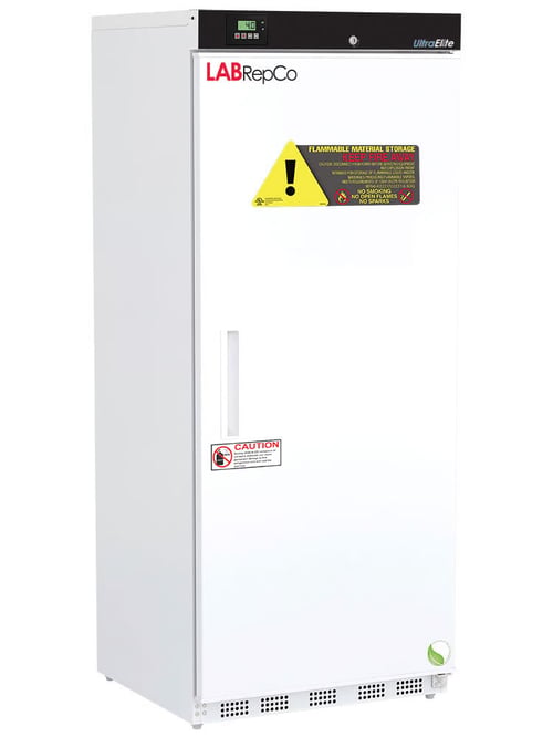 Labrepco labeled Hazardous Location (Explosion Proof) 20 Cu. Ft. Refrigerator with Solid Door and recessed handle and control panel at the top