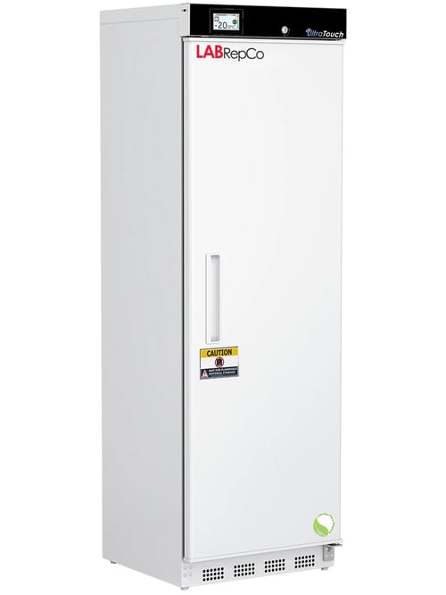 LabRepCo labeled Series freezer with 14 Cu. Ft. interior capacity with solid white door that is closed with a recessed handle. Also has a temperature display and key lock at the top of the unit and caution sticker on the front of the unit