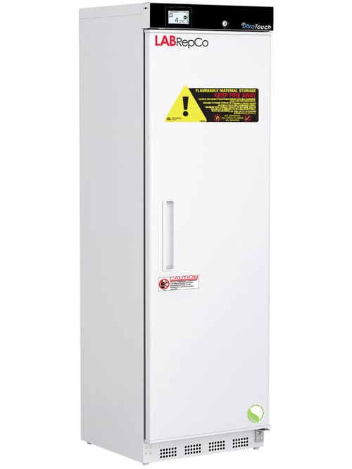 An upright Labrepco labeled Ultra Touch Series 14 cu. ft. laboratory refrigerator with a closed solid door, recessed door handle, caution sticker and control panel at the top