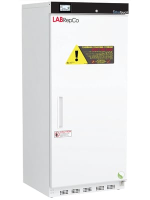 LabRepCo labeled Series freezer with 17 Cu. Ft. interior capacity with solid white door that is closed with a recessed handle. Also has a temperature display touchscreen and key lock at the top of the unit and large warning sticker on the front of the unit