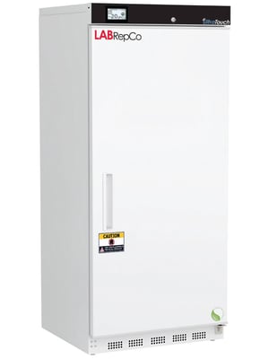 LabRepCo labeled Series freezer with 17 Cu. Ft. interior capacity with solid white door that is closed with a recessed handle. Also has a touchscreen temperature display and key lock at the top of the unit and caution sticker on the front of the unit