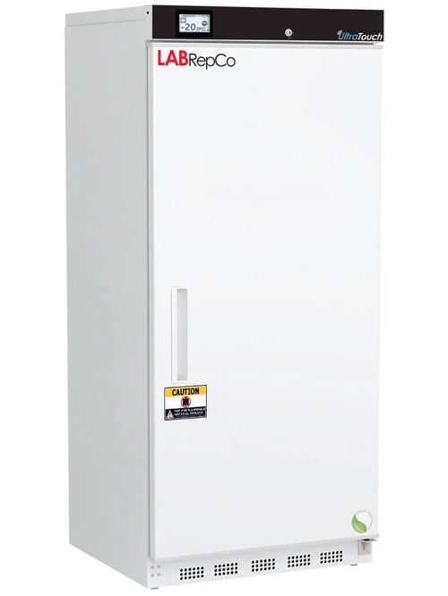 LabRepCo labeled Series freezer with 17 Cu. Ft. interior capacity with solid white door that is closed with a recessed handle. Also has a touchscreen temperature display and key lock at the top of the unit and caution sticker on the front of the unit