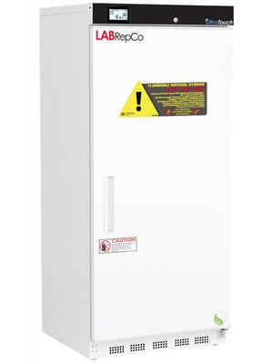 An upright Labrepco labeled Flammable Materials 17 cu. ft. laboratory refrigerator with a closed solid door, recessed door handle, caution sticker and control panel at the top