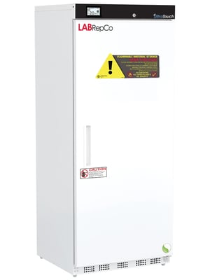 LabRepCo labeled Series freezer with 20 Cu. Ft. interior capacity with solid white door that is closed with a recessed handle. Also has a touchscreen display and key lock at the top of the unit and large warning sticker on the front of the unit